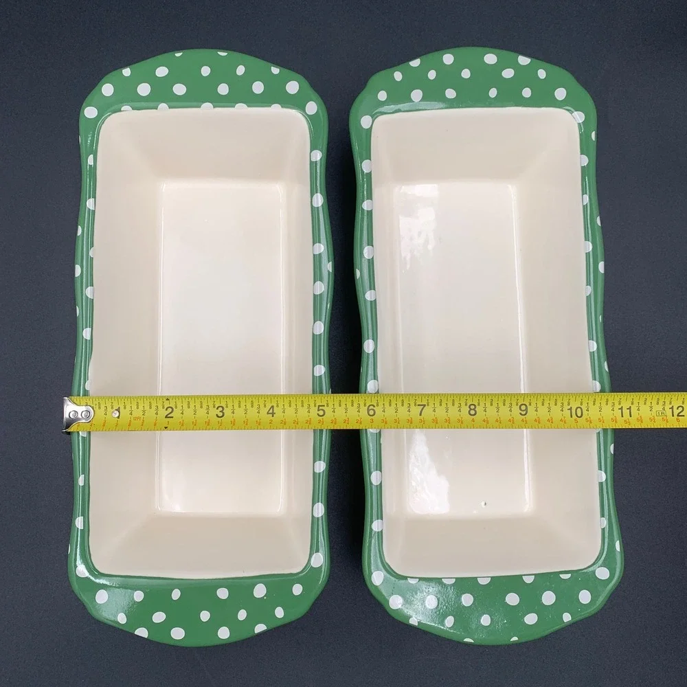 Pioneer Woman Rose Shadow Loaf Pan Set of 2 Stoneware Green Polka Dot Floral